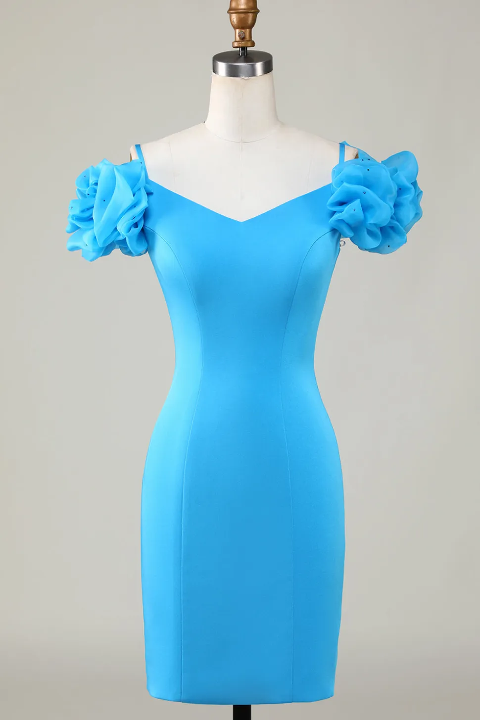 Fora do Ombro Azul Vestido Curto de Cocktail com Folhos