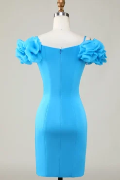Fora do Ombro Azul Vestido Curto de Cocktail com Folhos