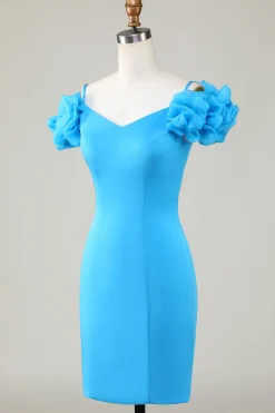 Fora do Ombro Azul Vestido Curto de Cocktail com Folhos