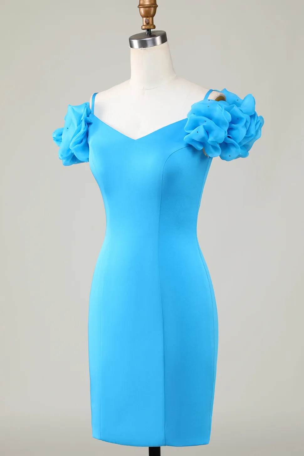 Fora do Ombro Azul Vestido Curto de Cocktail com Folhos