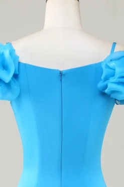 Fora do Ombro Azul Vestido Curto de Cocktail com Folhos