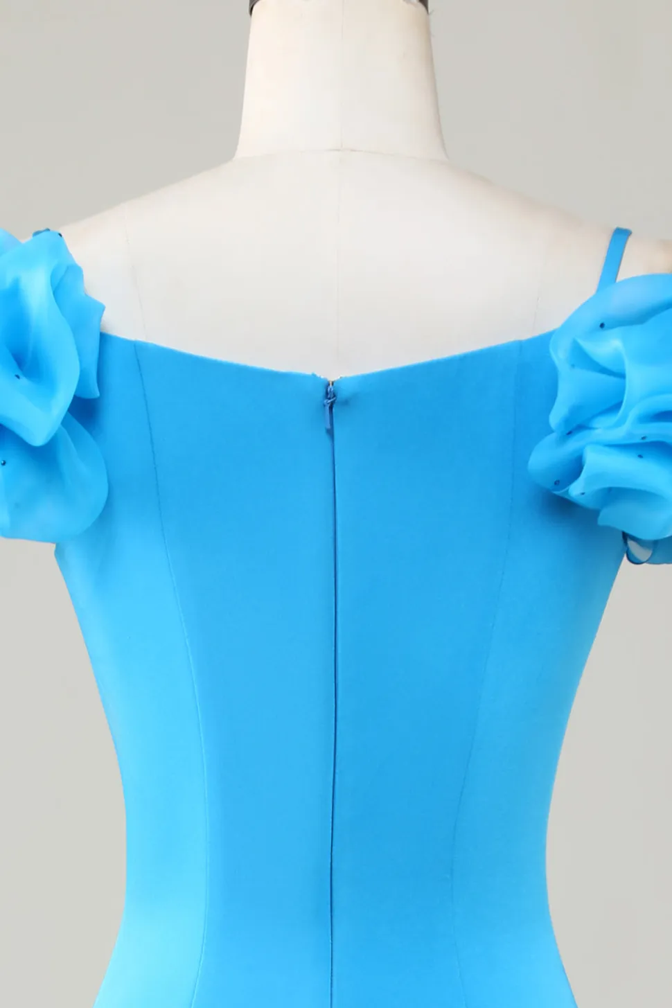 Fora do Ombro Azul Vestido Curto de Cocktail com Folhos
