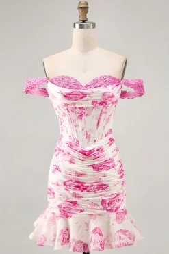 Fora do ombro babado branco fúcsia flor espartilho curto homecoming vestido