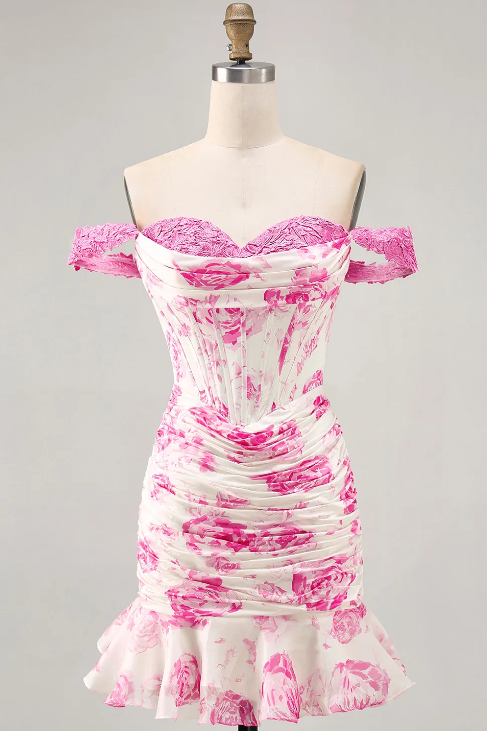 Fora do ombro babado branco fúcsia flor espartilho curto homecoming vestido