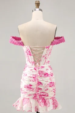 Fora do ombro babado branco fúcsia flor espartilho curto homecoming vestido