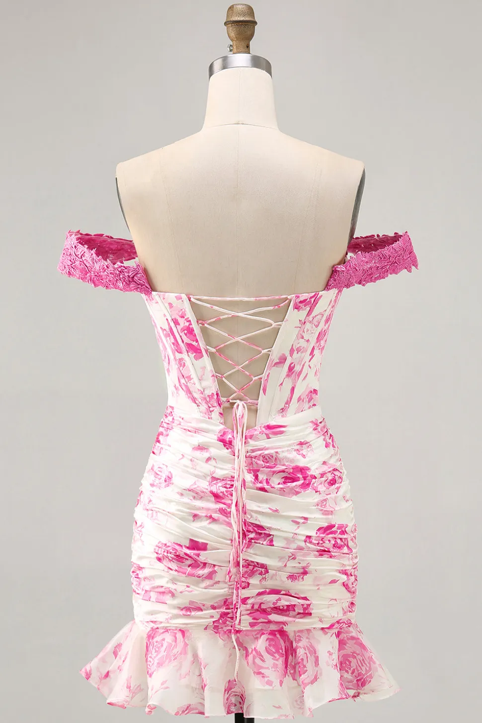Fora do ombro babado branco fúcsia flor espartilho curto homecoming vestido
