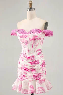 Fora do ombro babado branco fúcsia flor espartilho curto homecoming vestido