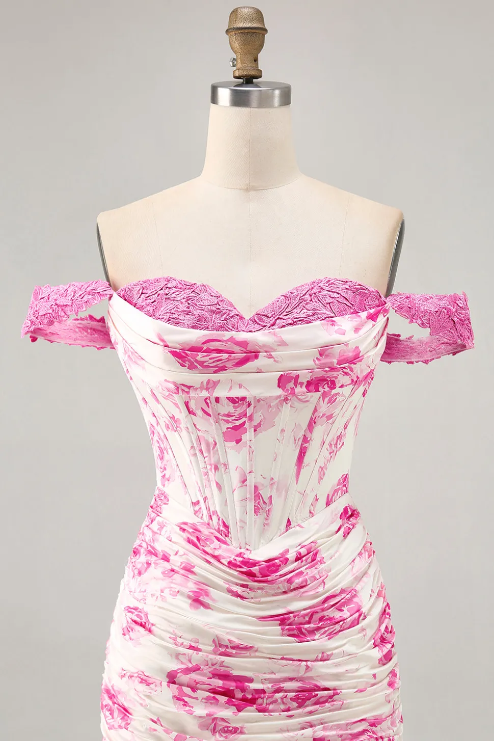 Fora do ombro babado branco fúcsia flor espartilho curto homecoming vestido