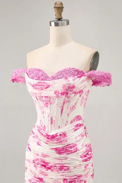 Fora do ombro babado branco fúcsia flor espartilho curto homecoming vestido