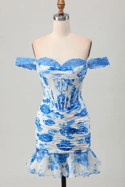 Fora do ombro babado branco fúcsia flor espartilho curto homecoming vestido