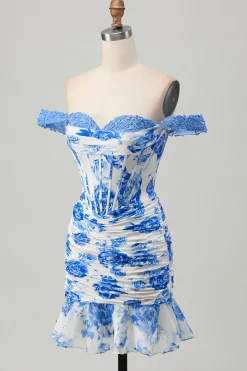 Fora do ombro babado branco fúcsia flor espartilho curto homecoming vestido