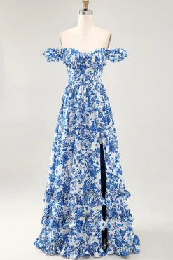 Fora do ombro babado estampado vestido de casamento azul convidado com fenda