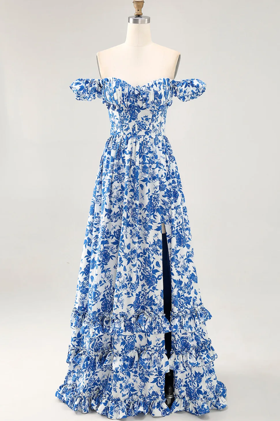 Fora do ombro babado estampado vestido de casamento azul convidado com fenda
