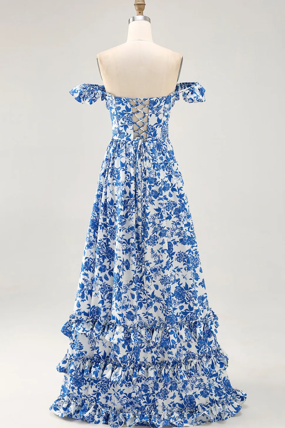 Fora do ombro babado estampado vestido de casamento azul convidado com fenda