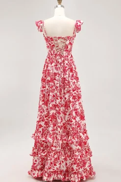 Fora do ombro babado estampado vestido de casamento azul convidado com fenda