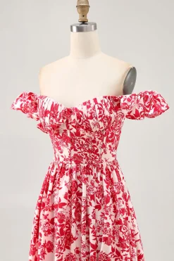 Fora do ombro babado estampado vestido de casamento azul convidado com fenda