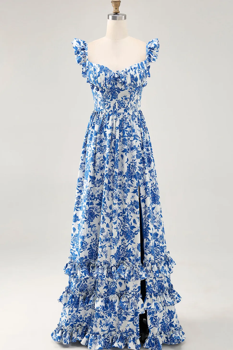 Fora do ombro babado estampado vestido de casamento azul convidado com fenda