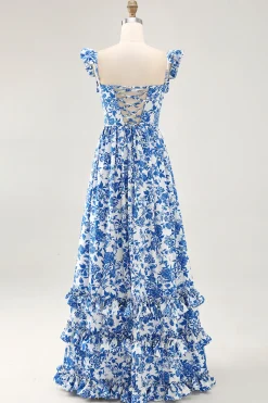 Fora do ombro babado estampado vestido de casamento azul convidado com fenda