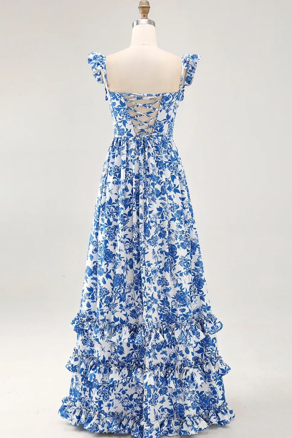 Fora do ombro babado estampado vestido de casamento azul convidado com fenda