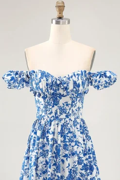 Fora do ombro babado estampado vestido de casamento azul convidado com fenda