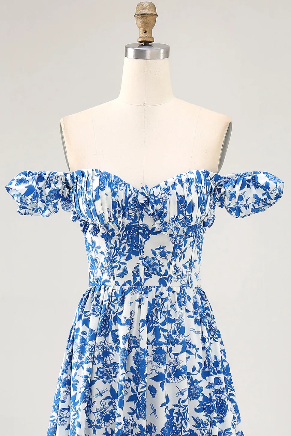 Fora do ombro babado estampado vestido de casamento azul convidado com fenda