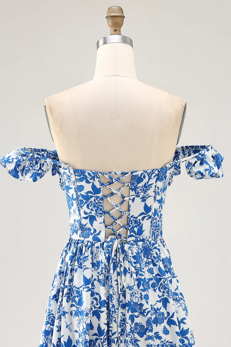 Fora do ombro babado estampado vestido de casamento azul convidado com fenda