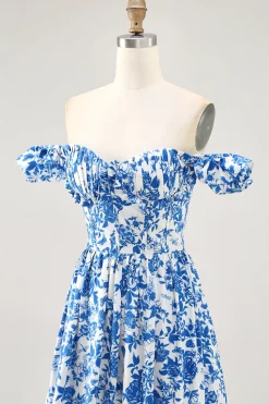 Fora do ombro babado estampado vestido de casamento azul convidado com fenda