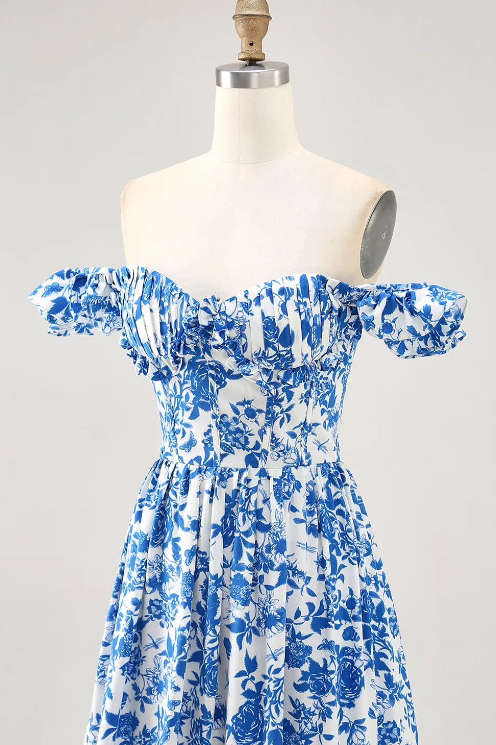 Fora do ombro babado estampado vestido de casamento azul convidado com fenda