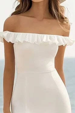 Fora do Ombro Bainha Midi Vestidinho Branco com fenda