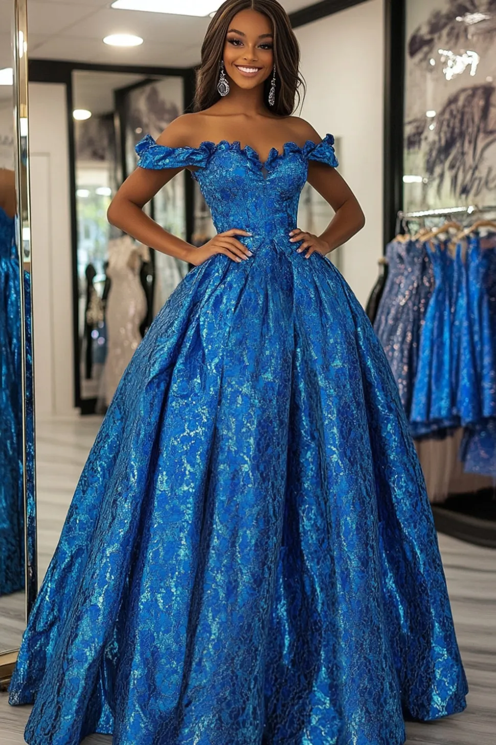 Fora do Ombro Ball Gown Royal Blue Corset Prom Dress