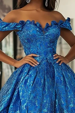 Fora do Ombro Ball Gown Royal Blue Corset Prom Dress