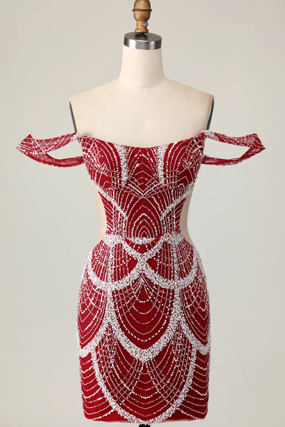 Fora do ombro Bodycon vestido vermelho Homecoming com lantejoulas