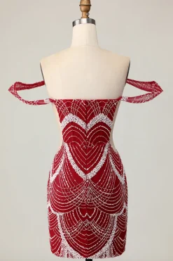 Fora do ombro Bodycon vestido vermelho Homecoming com lantejoulas
