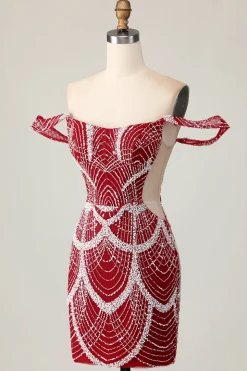 Fora do ombro Bodycon vestido vermelho Homecoming com lantejoulas