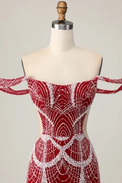 Fora do ombro Bodycon vestido vermelho Homecoming com lantejoulas
