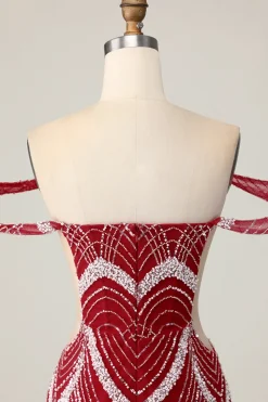 Fora do ombro Bodycon vestido vermelho Homecoming com lantejoulas
