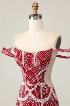Fora do ombro Bodycon vestido vermelho Homecoming com lantejoulas