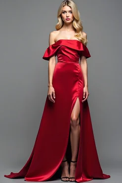 Fora do ombro Borgonha cetim uma linha vestido de baile com fenda