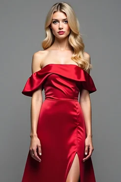 Fora do ombro Borgonha cetim uma linha vestido de baile com fenda