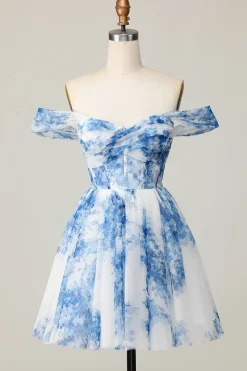 Fora do ombro branco azul flor uma linha curto homecoming vestido
