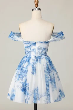 Fora do ombro branco azul flor uma linha curto homecoming vestido