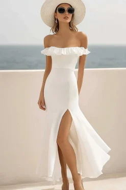 Fora do ombro Branco Chiffon Babado Longos Vestidos de Noiva