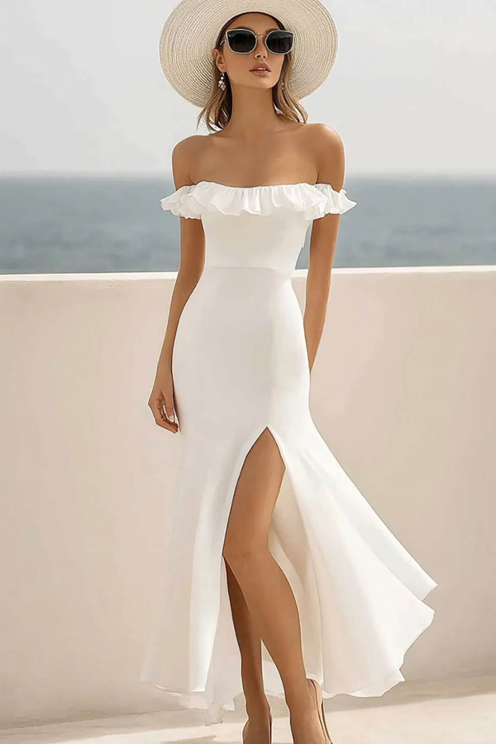 Fora do ombro Branco Chiffon Babado Longos Vestidos de Noiva