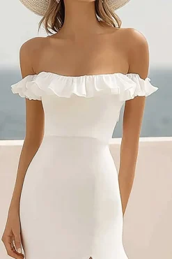 Fora do ombro Branco Chiffon Babado Longos Vestidos de Noiva