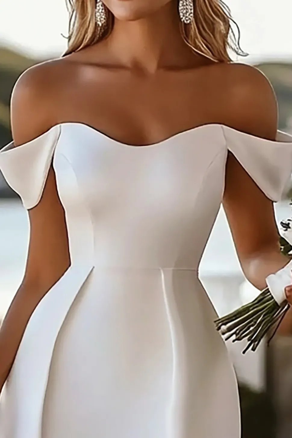Fora do ombro Cetim Bodycon Curto/Mini Vestidinho Branco