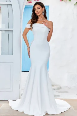 Fora do ombro cetim vestido de noiva sereia simples