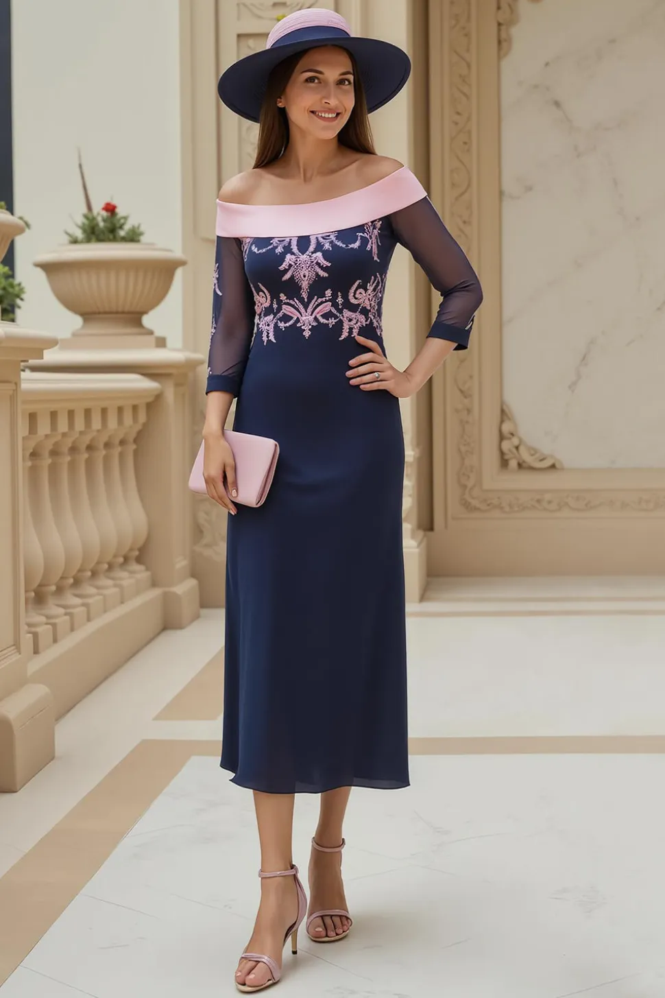 Fora do ombro Chiffon bainha marinha vestido de casamento convidado