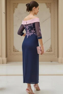Fora do ombro Chiffon bainha marinha vestido de casamento convidado