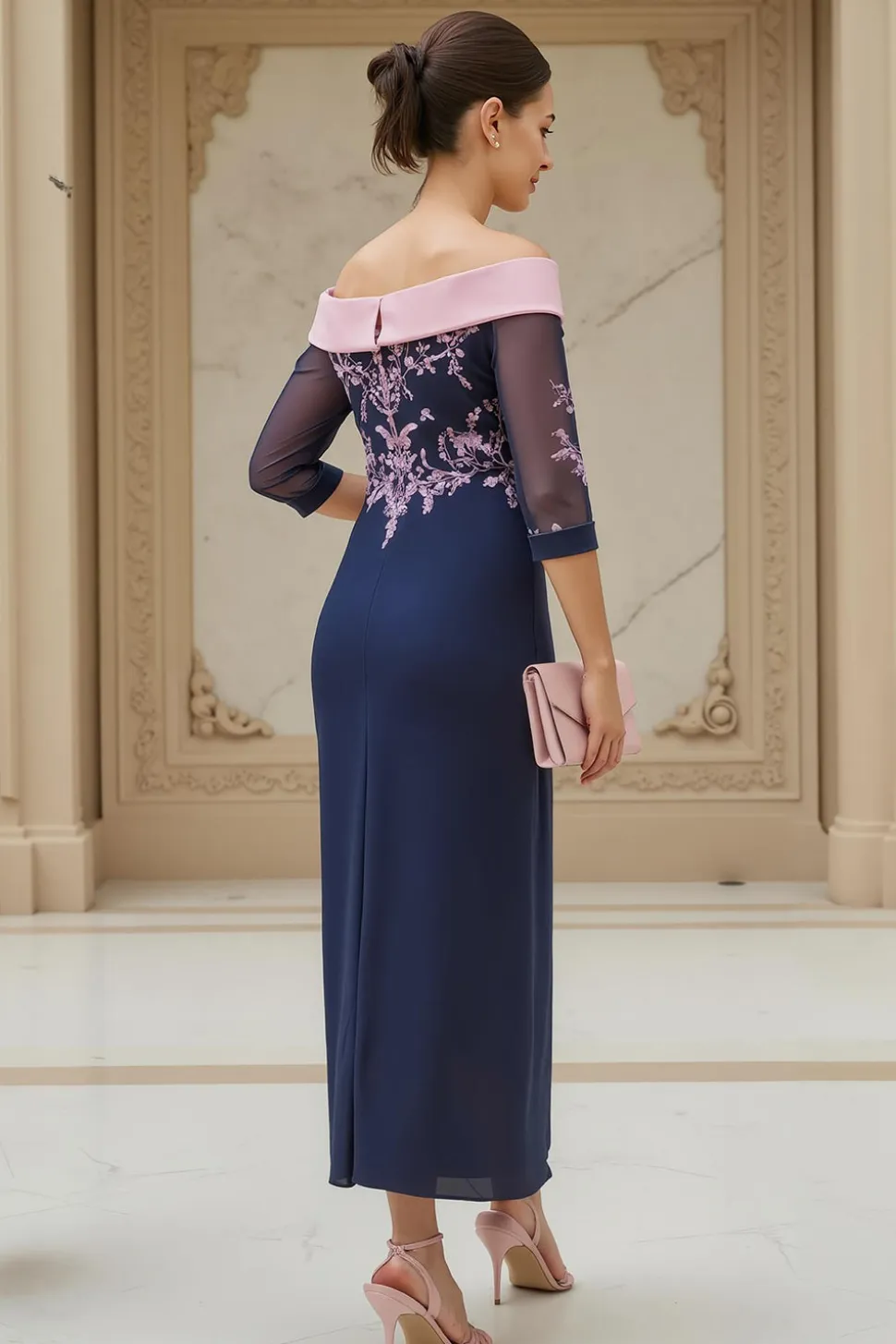 Fora do ombro Chiffon bainha marinha vestido de casamento convidado