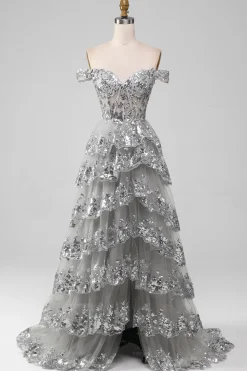 Fora do ombro cinza brilhante vestido de baile de formatura com fenda